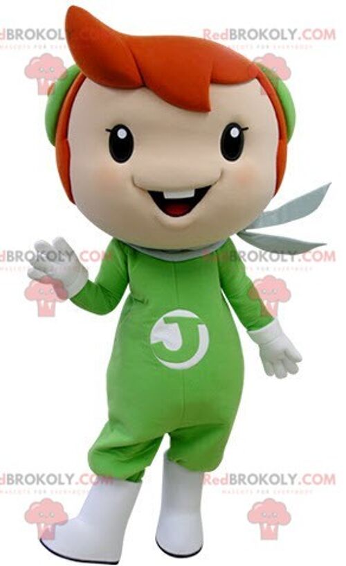 Red-haired girl REDBROKOLY mascot dressed in a green uniform / REDBROKO_05091