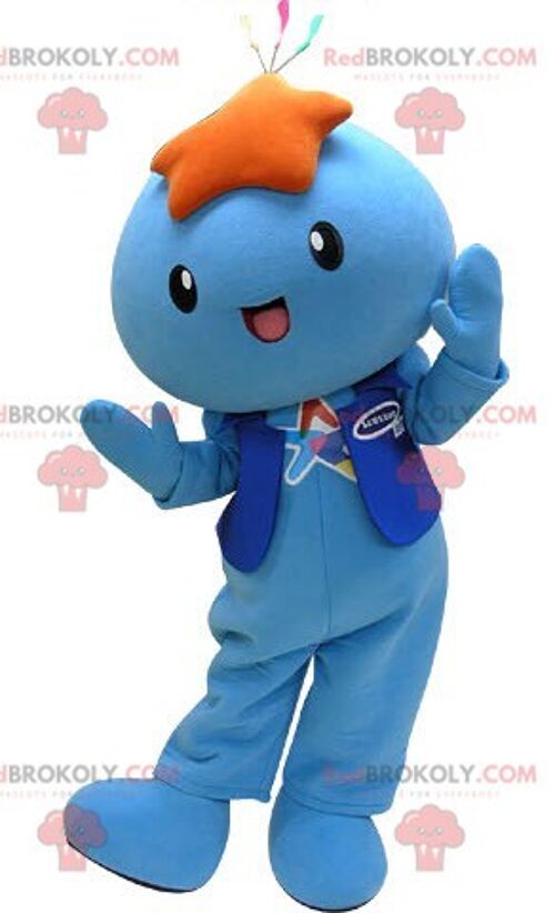 Blue and white bird REDBROKOLY mascot in airplane pilot outfit / REDBROKO_05158