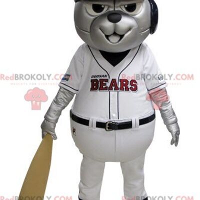 Orso grigio mascotte REDBROKOLY in abito da baseball bianco e blu / REDBROKO_05217