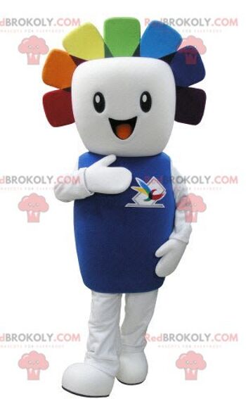 Mascotte de bonhomme de neige blanc très souriant REDBROKOLY aux cheveux colorés / REDBROKO_05262