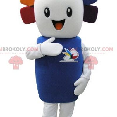 Very smiling white snowman REDBROKOLY mascot with colored hair / REDBROKO_05262