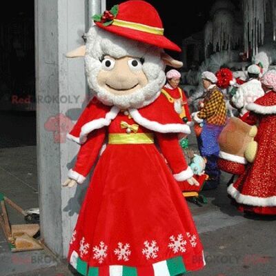 White rabbit REDBROKOLY mascot dressed in a red Christmas dress / REDBROKO_05269