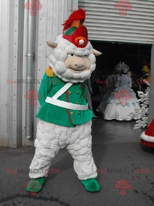 White sheep REDBROKOLY mascot dressed in a red Christmas outfit / REDBROKO_05270