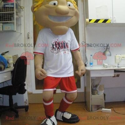 Blond boy teenager REDBROKOLY mascot in vacationer outfit / REDBROKO_05642