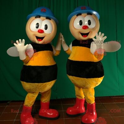 Gelbe und schwarze Biene REDBROKOLY Maskottchen in blau gekleidet / REDBROKO_05739