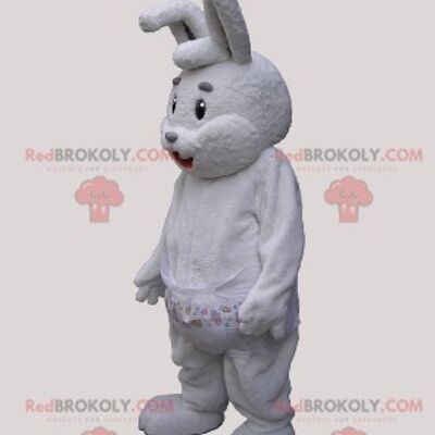 Angry white rabbit REDBROKOLY mascot dressed in blue overalls / REDBROKO_05880