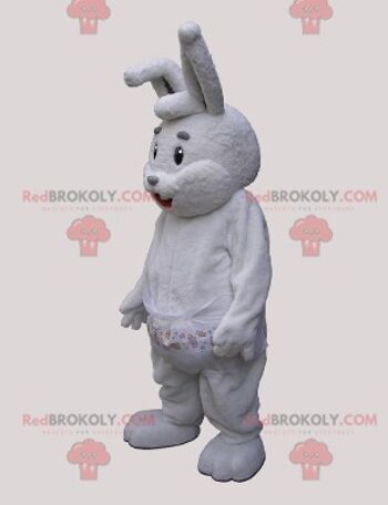 Mascotte de lapin blanc en colère REDBROKOLY habillé en salopette bleue / REDBROKO_05880