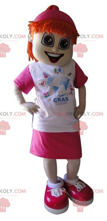 Coquette fille mascotte REDBROKOLY habillée en rose et blanc / REDBROKO_05901
