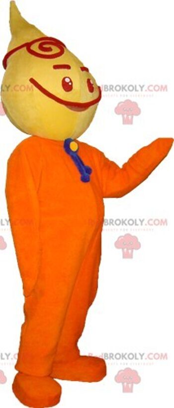 Mascotte de dinosaure orange et jaune REDBROKOLY avec un chapeau pointu / REDBROKO_05929