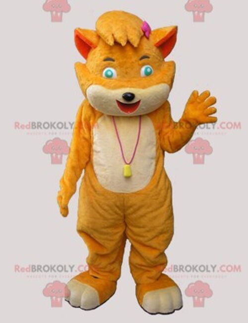 Yellow cat REDBROKOLY mascot in cook outfit / REDBROKO_05992