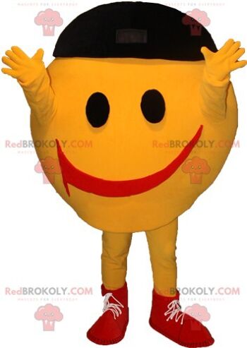 Mascotte d'homme chauve REDBROKOLY avec un béret et une tenue colorée / REDBROKO_06062