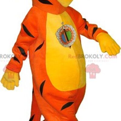 Tigre naranja amarillo mascota REDBROKOLY con traje deportivo negro / REDBROKO_06254