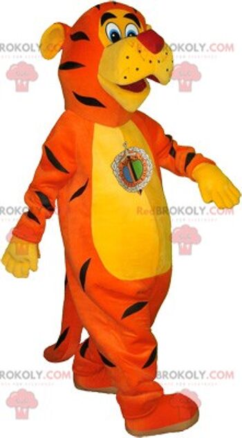 Mascotte de tigre jaune orange REDBROKOLY avec tenue de sport noire / REDBROKO_06254 1