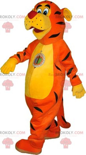 Mascotte de tigre jaune orange REDBROKOLY avec tenue de sport noire / REDBROKO_06254 2