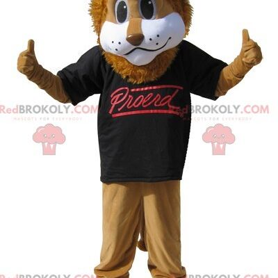 Big lion REDBROKOLY mascot in black and red sportswear / REDBROKO_06554