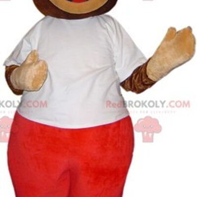 Brown bear REDBROKOLY mascot in orange and black outfit / REDBROKO_06566