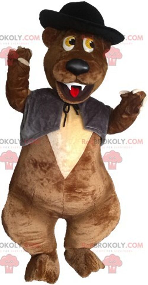 Brown bear REDBROKOLY mascot in white and red outfit / REDBROKO_06567