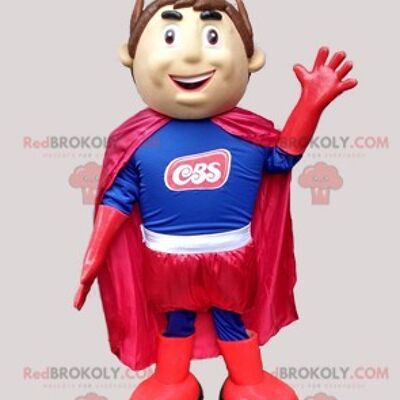 Superhero man REDBROKOLY mascot in blue and red / REDBROKO_06717