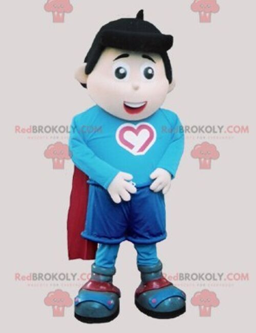 Superhero boy REDBROKOLY mascot in blue and red / REDBROKO_06718