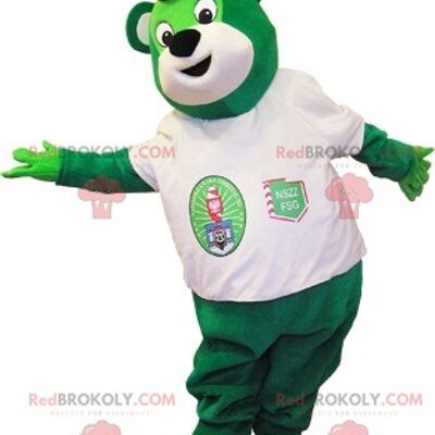 Beige bear REDBROKOLY mascot dressed in a colorful outfit / REDBROKO_06825