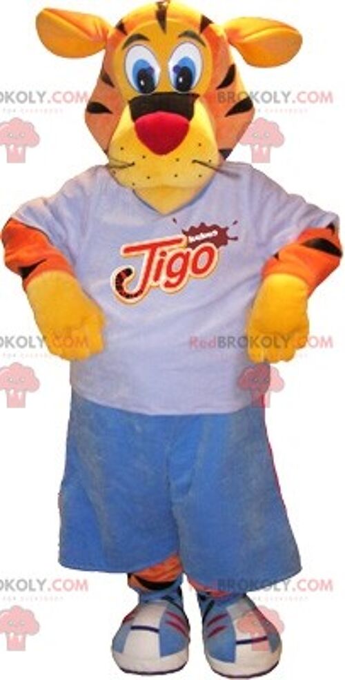 Orange and yellow dog REDBROKOLY mascot in hockey gear / REDBROKO_06846