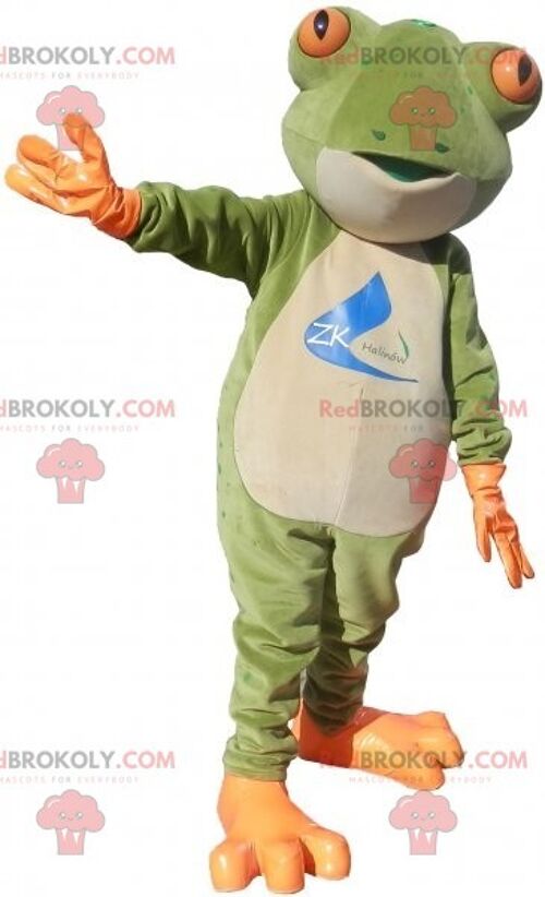Green frog REDBROKOLY mascot dressed in white and orange / REDBROKO_07012