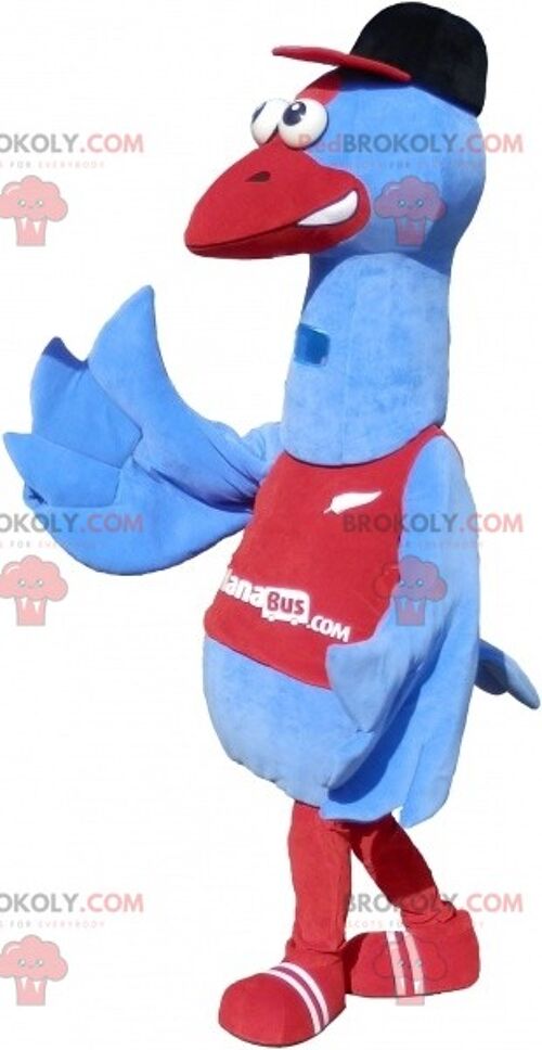 Blue bird REDBROKOLY mascot in sportswear. Stork REDBROKOLY mascot / REDBROKO_07061