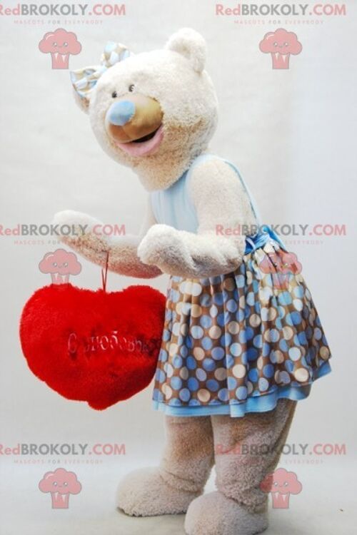 Beige teddy bear REDBROKOLY mascot with a plaid scarf / REDBROKO_07157