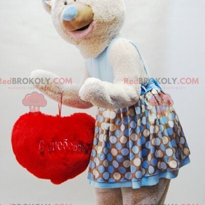 Beige teddy bear REDBROKOLY mascot with a plaid scarf / REDBROKO_07157