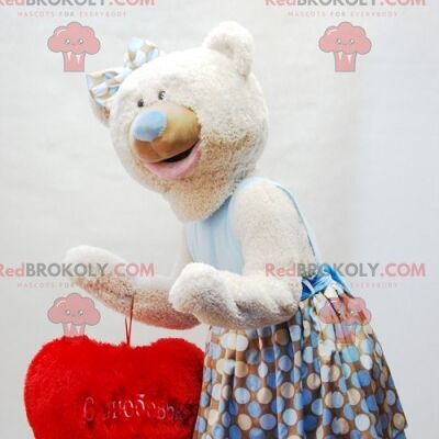 Beige teddy bear REDBROKOLY mascot with a plaid scarf / REDBROKO_07157