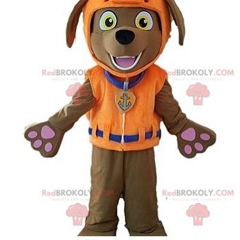 Mascotte de chien marron REDBROKOLY habillé d'une tenue verte / REDBROKO_07271