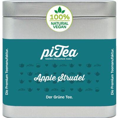 Apple strudel, green tea, can