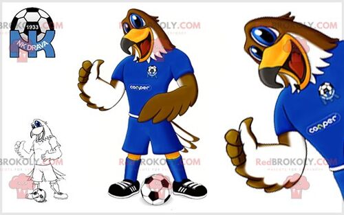 Brown beaver REDBROKOLY mascot in yellow and blue sportswear / REDBROKO_07460