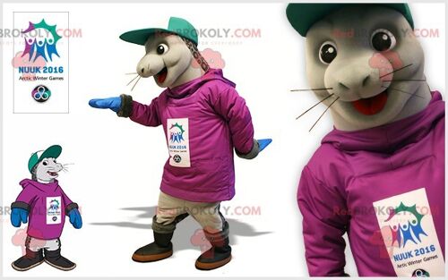 Brown rabbit REDBROKOLY mascot with overalls and a cap / REDBROKO_07546