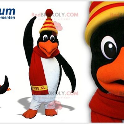 Black and white penguin REDBROKOLY mascot with a cap / REDBROKO_07560