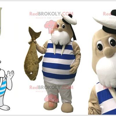 Blue sea lion REDBROKOLY mascot with a jacket and a big belly / REDBROKO_07568