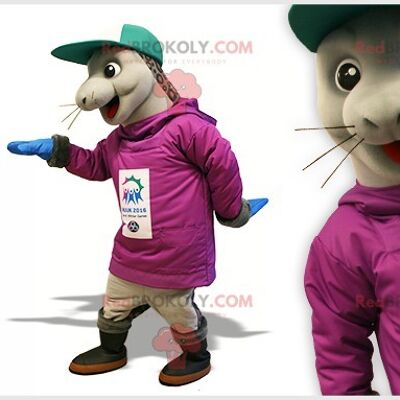 Brown rabbit REDBROKOLY mascot with overalls and a cap / REDBROKO_07616