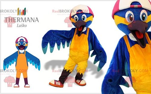 Blue and yellow bird REDBROKOLY mascot with a dress / REDBROKO_07662