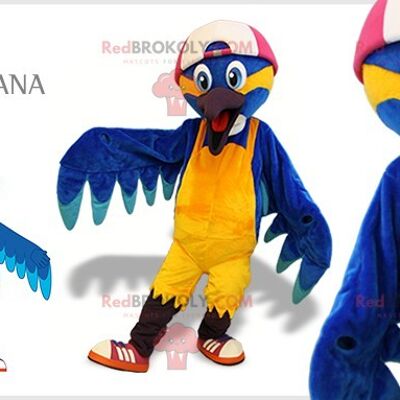 Blue and yellow bird REDBROKOLY mascot with a dress / REDBROKO_07662