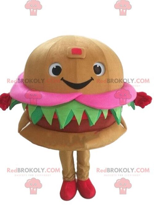 Giant hamburger REDBROKOLY mascot, smiling and appetizing / REDBROKO_08036
