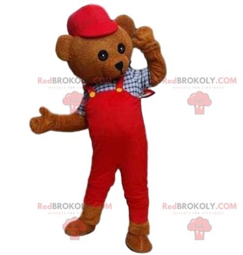 Teddy bear costume REDBROKOLY mascot. Brown bear costume in jumpsuit / REDBROKO_08060