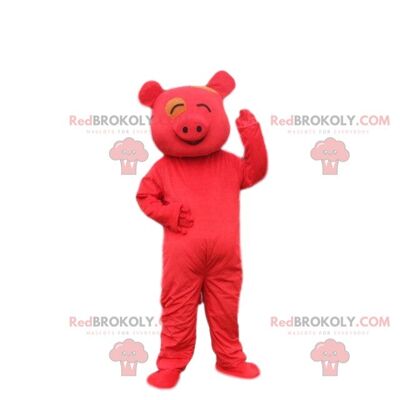 Mascotte de cochon REDBROKOLY, déguisement de cochon jaune et rouge. Déguisement cochon / REDBROKO_08132