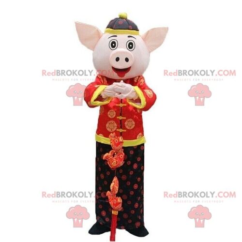 Asian pig REDBROKOLY mascot, Asian costume, red pig costume / REDBROKO_08161