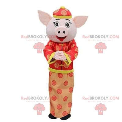 Maiale asiatico REDBROKOLY mascotte, costume asiatico, costume da maiale rosso / REDBROKO_08165