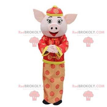 Mascotte cochon asiatique REDBROKOLY, déguisement asiatique, costume cochon rouge / REDBROKO_08165