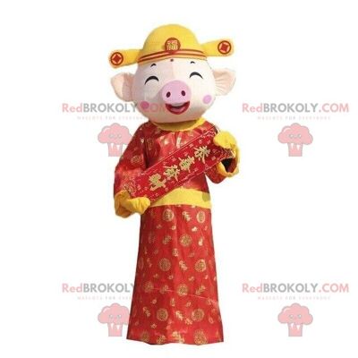 Coquet Schwein REDBROKOLY Maskottchen, asiatisches Kostüm, festliches Schweinekostüm / REDBROKO_08166