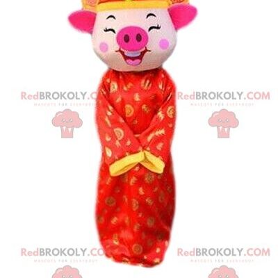 Maiale REDBROKOLY mascotte in abito asiatico, costume asiatico / REDBROKO_08313