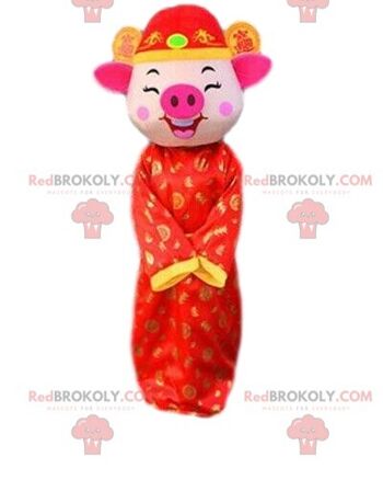 Mascotte de cochon REDBROKOLY en habit asiatique, costume asiatique / REDBROKO_08313