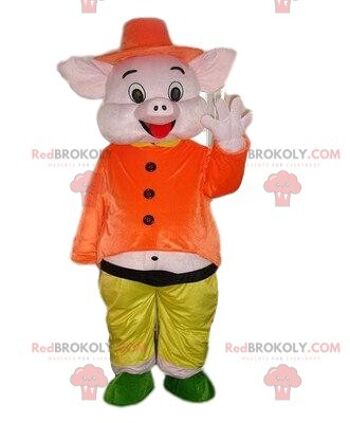 Mascotte de cochon souriant REDBROKOLY, costume de cochon rose / REDBROKO_08417