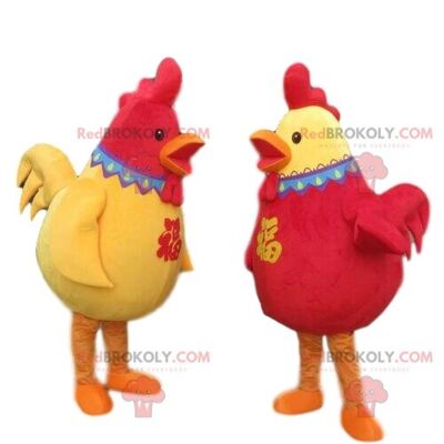 2 REDBROKOLY mascots of red and yellow hens, 2 colored chickens / REDBROKO_08516